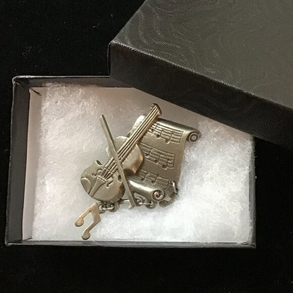 Vintage LCD brooch silver tone music notes Chello charms - Picture 1 of 6